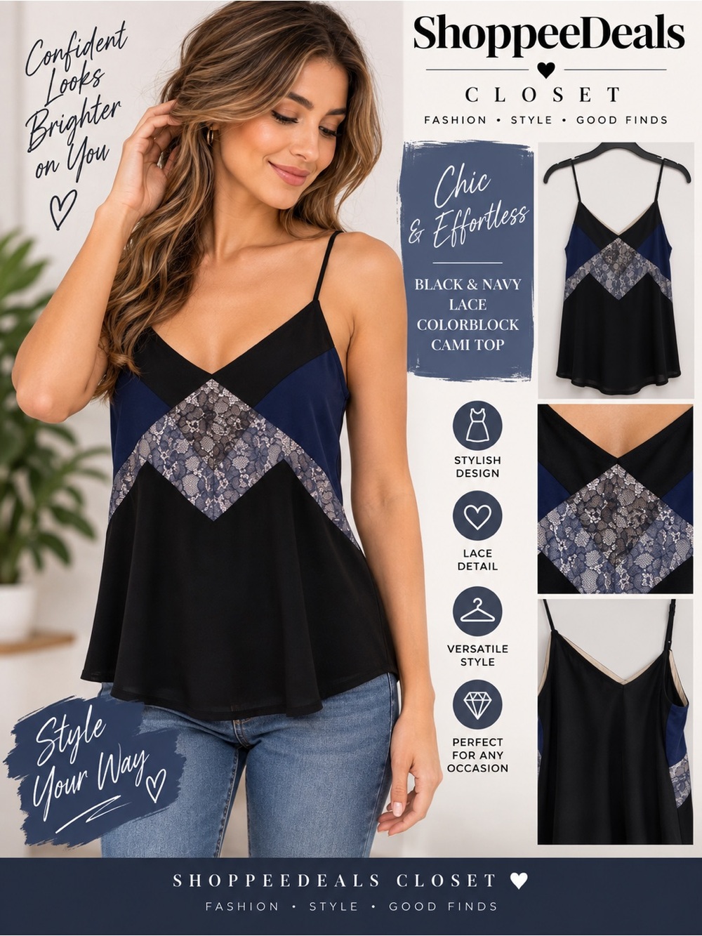 Black & Navy Blue Lace Colorblock Spaghetti Strap Cami Top